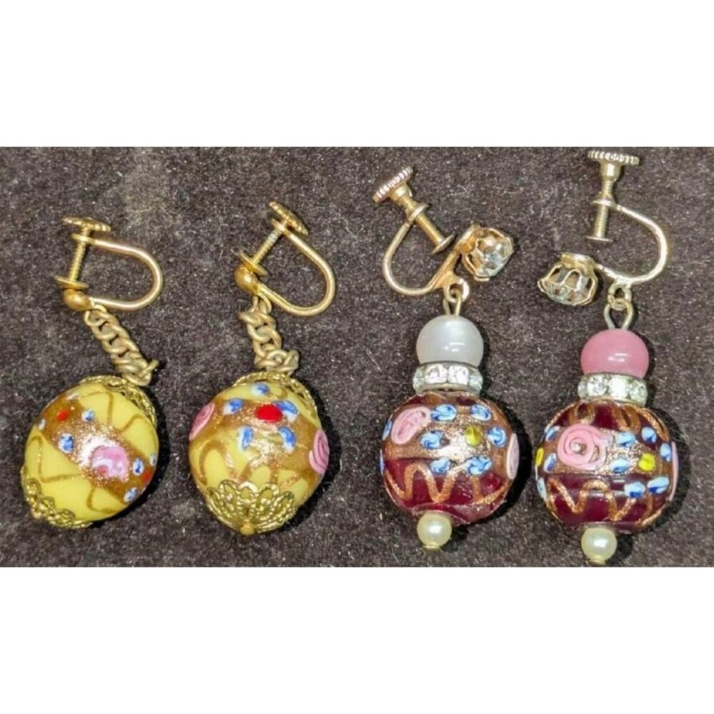 2 Murano Earrings Wedding Cake Venetian‎ Art Glass Yellow Red Gold .75" x 1.75"